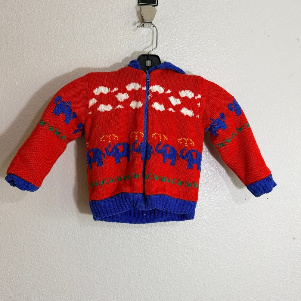 Vintage Just Friends Elephant Knit Hooded Zip Sweater Red Blue Kids Size 3